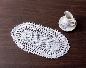 Modern Farmhouse Oval Table Runner Crochet Doily White Lace Oblong Mat 10 by 5 Inches, Country Kitchen Home Decor, New Tabletop Gift for Mom