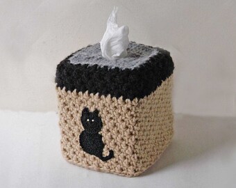 Primitive Cat Decor Tissue Box Cover Rustic Square Crochet Cozy, Cube Tissue Holder, Country Farmhouse Home Decor, Cute Black Cat Decoration