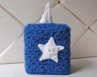 Falling Star Decor Tissue Box Cover Blue and White Crochet Cozy, Square Cube Box Holder, Modern Rustic Home Decor, GIft for Him or Her