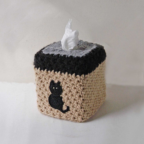 Primitive Cat Decor Tissue Box Cover Rustic Square Crochet Cozy, Cube Tissue Holder, Country Farmhouse Home Decor, Cute Black Cat Decoration