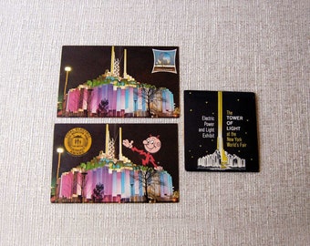 NY Worlds Fair Tower of Light Postcards and Electric Power and Light Exhibit Eyeglass Cleaner Tissues, 1964-1965 New York Fair Souvenirs