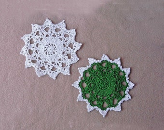 Two Crochet Accent Doilies Green and White Set Cottage Lace Decorative Table Mats 5 Inches Wide, Modern Country Farmhouse Room Decor Gift