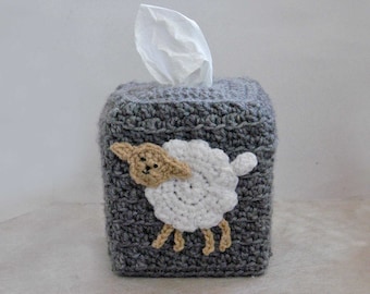 Sheep Decor Tissue Box Cover Crochet Cozy, Primitive Lamb, Square Cube Holder, Modern Country Farmhouse Home Decor, Gift for Animal Lover