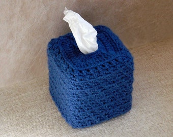 Nautical Blue Tissue Box Cover Crochet Square Cube Box Holder, Modern Rustic Cozy, Coastal Cottage Home Decor, Custom Colors Available, New