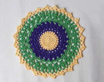 Mardi Gras Decor Crochet Doily Lace Table Mat, Modern Room Decor, Colorful Purple Green Yellow 8 Inch Doily Boho Party Accent, Gift for Her