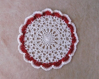 Red and White Crochet Ruffle Doily Lace Table Mat, Decorative Scallop Seashells 8 Inch Doily, Modern Cozy Home Decor, Sweet Gift for Mom