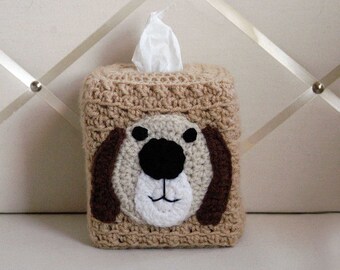 Dog Tissue Box Cover Crochet Cozy Square Cube Holder, Cute Brown Doggy Face Decor, Puppy Snout, Modern Rustic Home Decor, Gift for Dog Lover