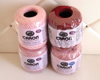 Caron Cotton Crochet Thread Four Large Skeins 500 Yards Each Size 10 Thread 2000 Yards Total, Mauve, Pink, Burgundy, Grandmas Best, Notions