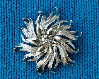 Large Brooch for Women Silver Tone Flower Pin Modernest Jewelry Textured Petals, Artistic, Vintage Bold Fashion Statement Sweater Brooch