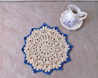 Ecru and Blue Crochet Doily Textured Lace Table Mat French Farmhouse Tabletop Accent, Tea Time Cottage Home Decor 7 Inch Doily, Gift for Mom