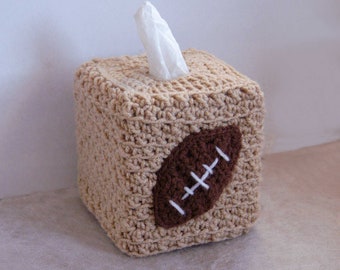 Football Tissue Box Cover Crochet Cozy, Sports Fan Gift, Square Cube Holder, Modern Home Decor, Boys Bedroom Decor, Gift for Grandson