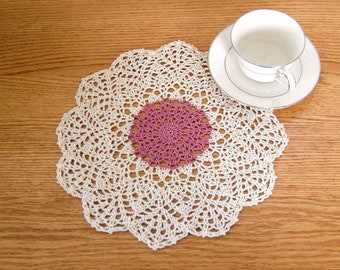 Dusty Rose Decor Crochet Lace Doily Large 12 Inch Centerpiece Table Mat, Dusty Rose Pink, Ecru,  French Cottage Home Decor, Elegant Gift