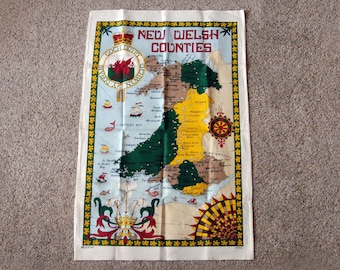 Welsh Tea Towel Map of Wales, New Welsh Counties Cotton Dish Towel Kitchen Dishcloth, New Vintage 1970s Home Decor, Crisp, Decorative Gift