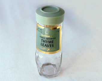 McCormick Spice Jar Thyme Leaves Bottle Clear Glass Owens-Illinois Co, Sage Color Screw-On Cover Vintage 1970s Herb Food Seasoning Container