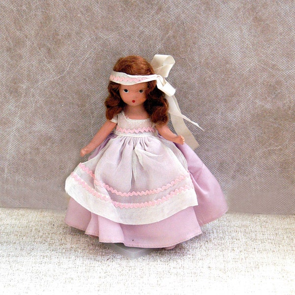 Nancy Ann Storybook Doll Bisque, Pink Lavender Taffeta Dress Organza Apron, Vintage 1940s 6 1/2 Inch Boho Play Doll for Girls with Stand