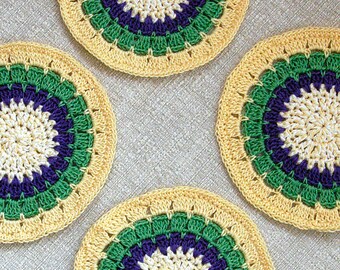 Crochet Coasters Set Mardi Gras Decor Absorbent Mats for Drinks, 4 Colorful Boho Mandala Bar Table Accessories, Reusable Party Home Decor