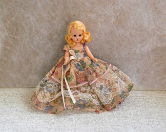 Nancy Ann Storybook Doll Blond Hair Sleep Eyes Pink Floral Dress Vintage 1950s Plastic Jointed 6 1/2 Inch Doll, Stand, Gift for Girl, Pretty