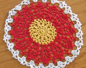 Red Poinsettia Crochet Doily, Christmas Lace Table Centerpiece, 8 Inch Winter Mat, Holiday Décor