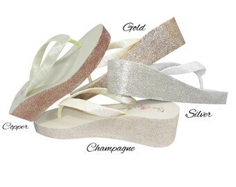 Bridal Wedge Flip Flops, Design your Wedding Ivory Wedges or white. Silver, Gold or Champagne Bling, flip flops in 2 inch heels