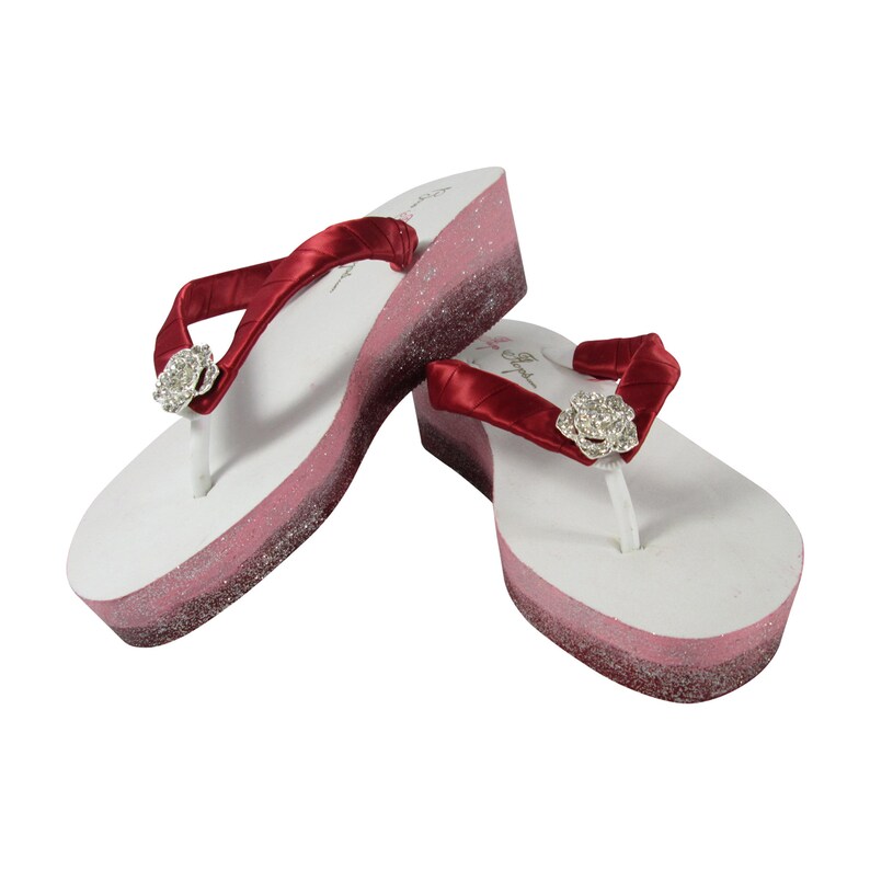 Teens Scarlet with Bling Rose Bride or Bridesmaids Wedges with Rhinestone Embellishment Red /& Pink Ombre Glitter Flip Flops