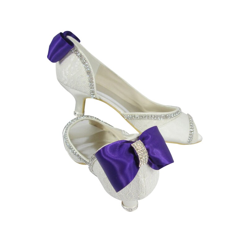 WOMENS PURPLE LACE BOW WEDDING BRIDAL HIGH HEEL COURT SATIN SHOES UK 3-8