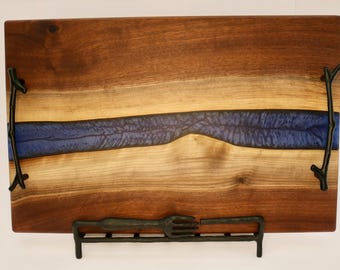 Handmade Live Edge Black Walnut Charcuterie Board with Midnight Blue Epoxy