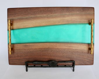 Handmade Live Edge Black Walnut Charcuterie Board with Turquoise Epoxy