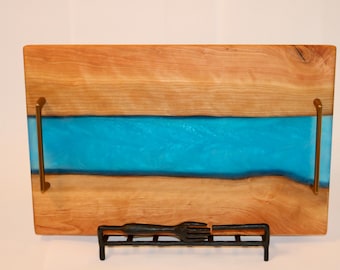 Handmade Live Edge Cherry Charcuterie Board with Ocean Blue Epoxy