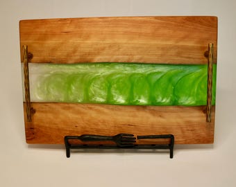 Handmade Live Edge Cherry Charcuterie Board with Emerald & White Epoxy