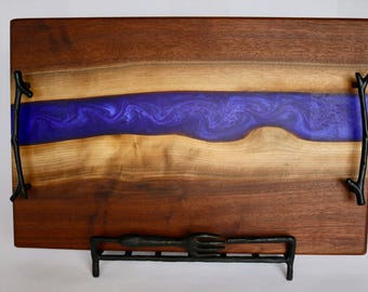 Handmade Live Edge Black Walnut Charcuterie Board with Purple Epoxy