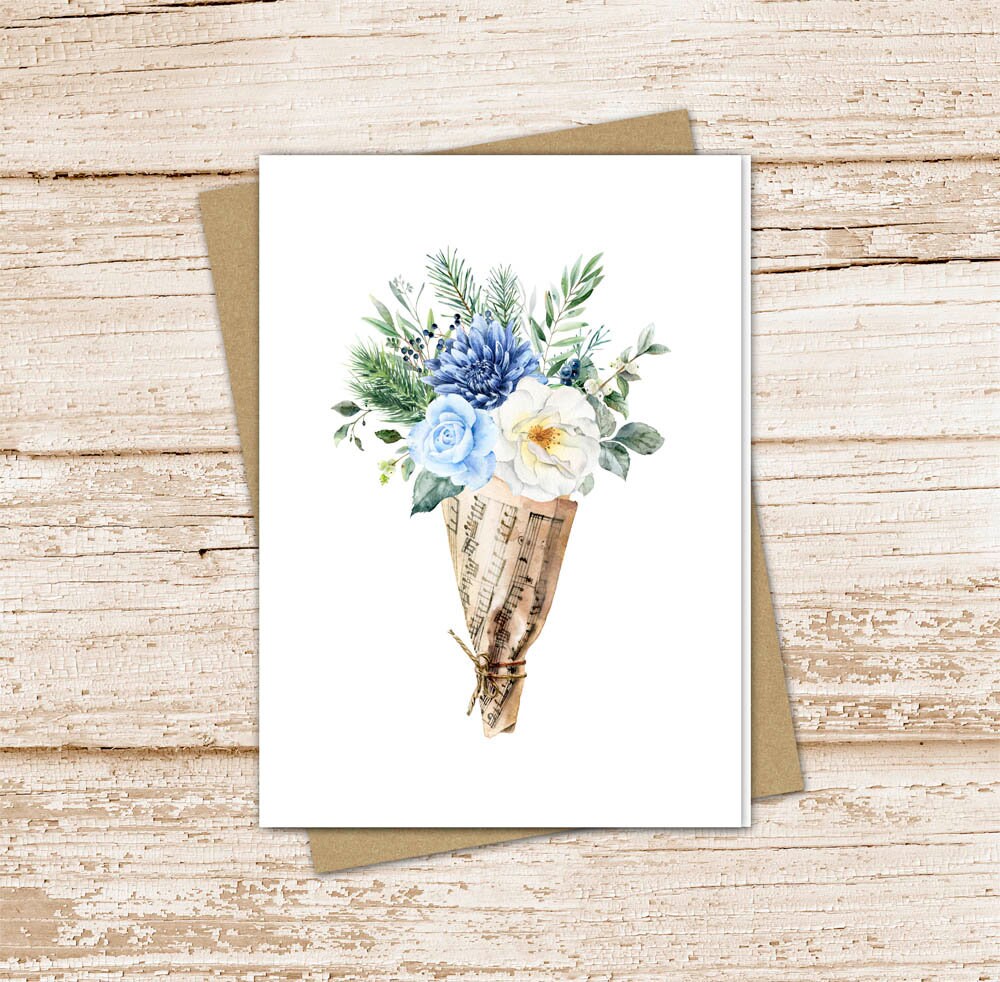 winter flower bouquet card set .  watercolor flowers note cards . vintage music . blank note cards . folded stationery . stationary set