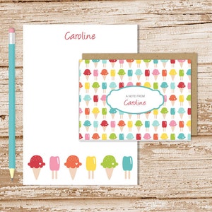 ice cream personalized stationery set . ice cream cone notepad note card set . kids notecards note pad stationary set . girls gift set image 1