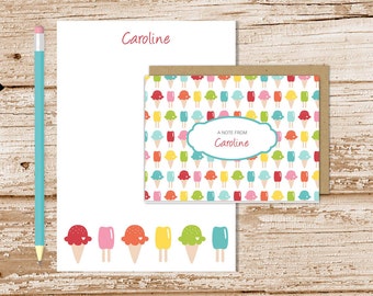 ice cream personalized stationery set . ice cream cone notepad + note card set . kids notecards note pad stationary set . girls gift set