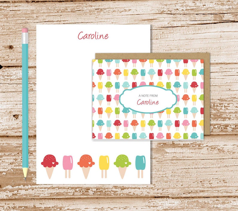 ice cream personalized stationery set . ice cream cone notepad note card set . kids notecards note pad stationary set . girls gift set image 1