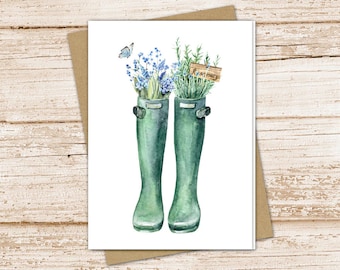 gardener card set .  watercolor floral note cards . gardening boots . herbs, butterfly blank cards . folded stationery stationary set