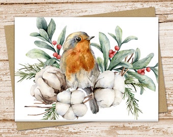 watercolor card set . robin with winter berries, pine, cotton plant  . blank cards . note cards . folded stationery