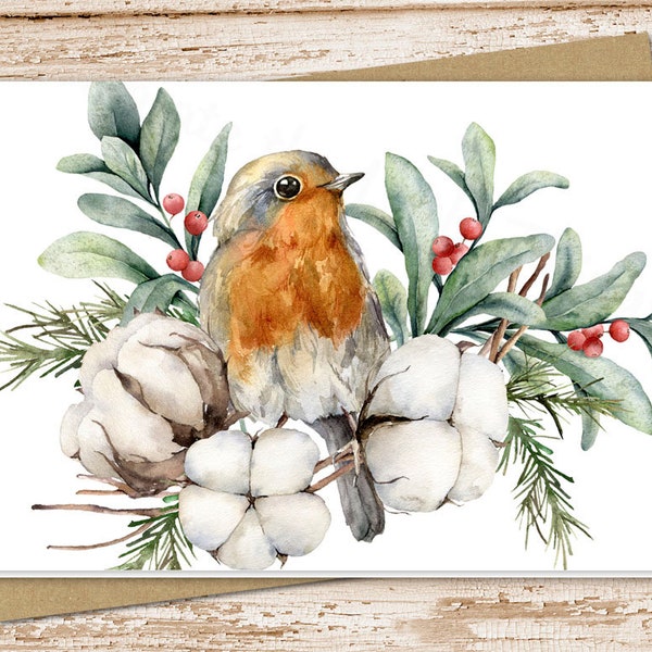 watercolor card set . robin with winter berries, pine, cotton plant  . blank cards . note cards . folded stationery