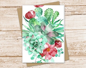 succulent card set .  watercolor marsala, mint cards . cactus, floral, nature . blank note cards . folded stationery stationary set