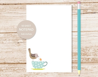 blue teacup bird notepad .  tea cup note pad .  stationery | 4x6 inches