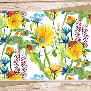 May include: A watercolor illustration of a floral pattern featuring yellow dandelions, blue flowers, green leaves, and red ladybugs on a white background.