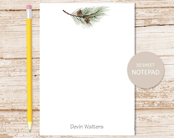 personalized notepad .  PINE TREE BRANCH & pinecones note pad . evergreen tree . forest, camping, nature stationery