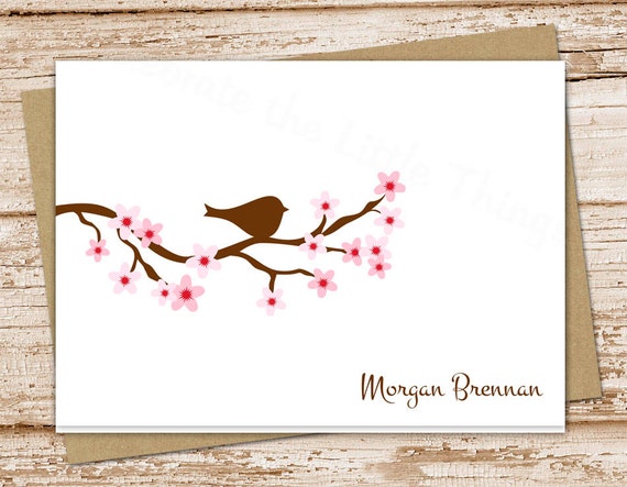 cherry blossom note cards, notecards . folded personalized stationery . bird silhouette flowers tree . set of 10 Il_570xn