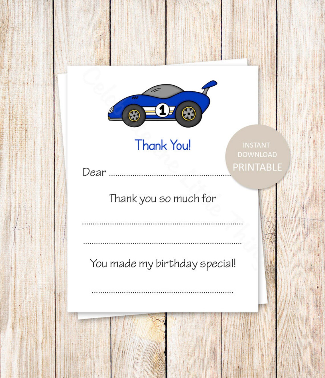 PRINTABLE Race Car Thank You Cards . Kids Birthday Fill in Blank . Blue ...
