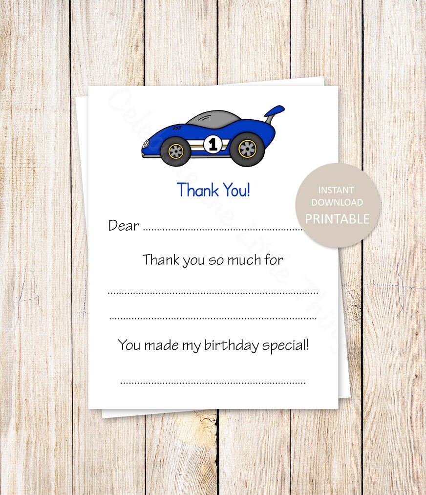 PRINTABLE Race Car Thank You Cards . Kids Birthday Fill in Blank . Blue ...