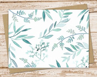 greenery leaves card set .  watercolor ferns notecards . greens, nature, plants .  blank note cards . folded stationery . stationary set