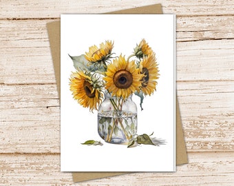 farmhouse sunflower bouquet card set .  watercolor flowers note cards . blank cards . folded stationery