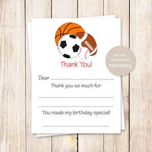 Tarjetas de agradecimiento imprimibles para las estrellas. Cumpleaños infantiles, rellenar. Deportes: béisbol, fútbol americano, baloncesto, fútbol. Descarga instantánea. ¡Imprime!