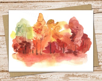 autumn landscape card set . watercolor fall trees . blank note cards, notecards . nature outdoors . folded stationery stationary