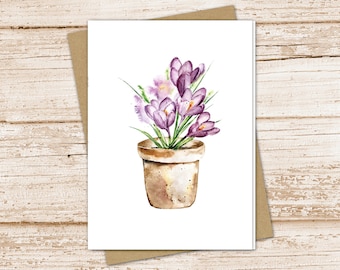 purple flowers card set . flower pot card set .  watercolor crocus flowers note cards . blank cards . folded stationery