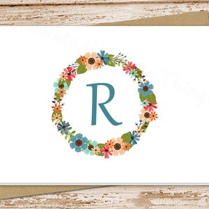personalized stationery note cards . MONOGRAM WREATH initial notecards . floral flowers . folded stationary . botanical card . set of 10